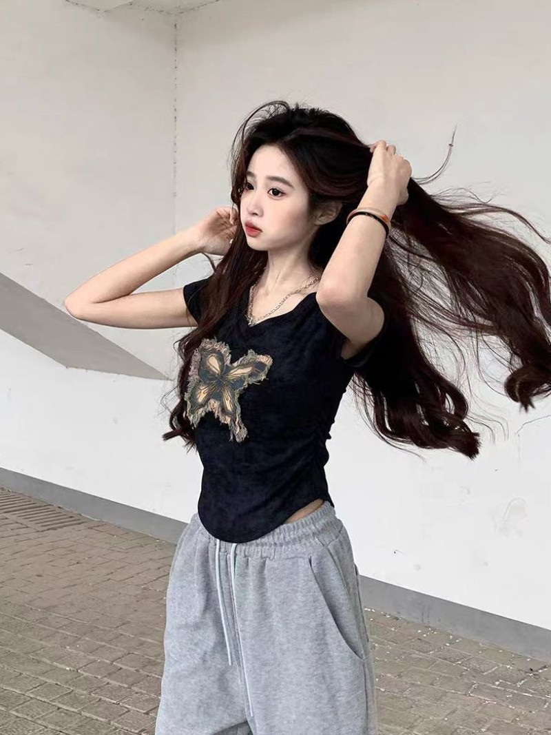 Vネックフリンジ半袖プリントTシャツ | 詳細画像8