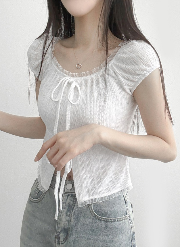 半袖クロップドパンチングギャザーパフスリーブフレンチスリーブレース
