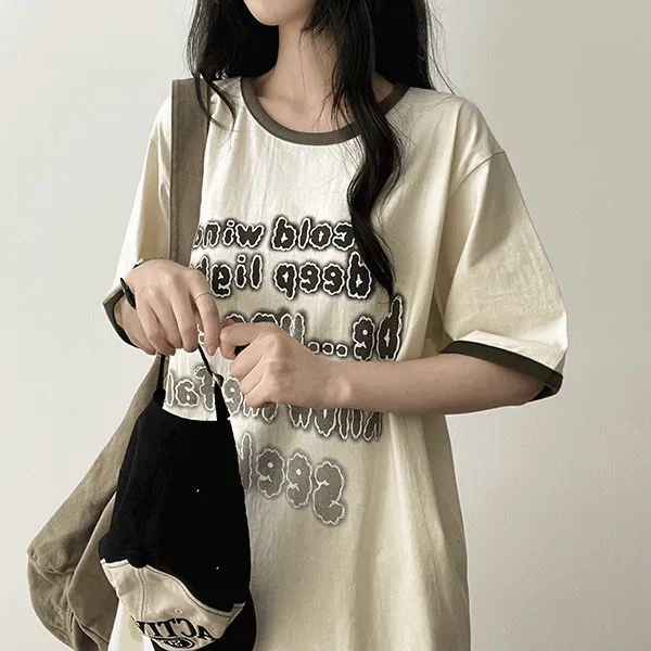 半袖オーバーサイズラウンドネックレタリング配色Tシャツ | hijjoo | 詳細画像1