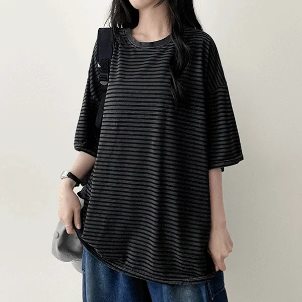 オーバーサイズ半袖ラウンドネックボーダー配色Tシャツ | hijjoo | 詳細画像1
