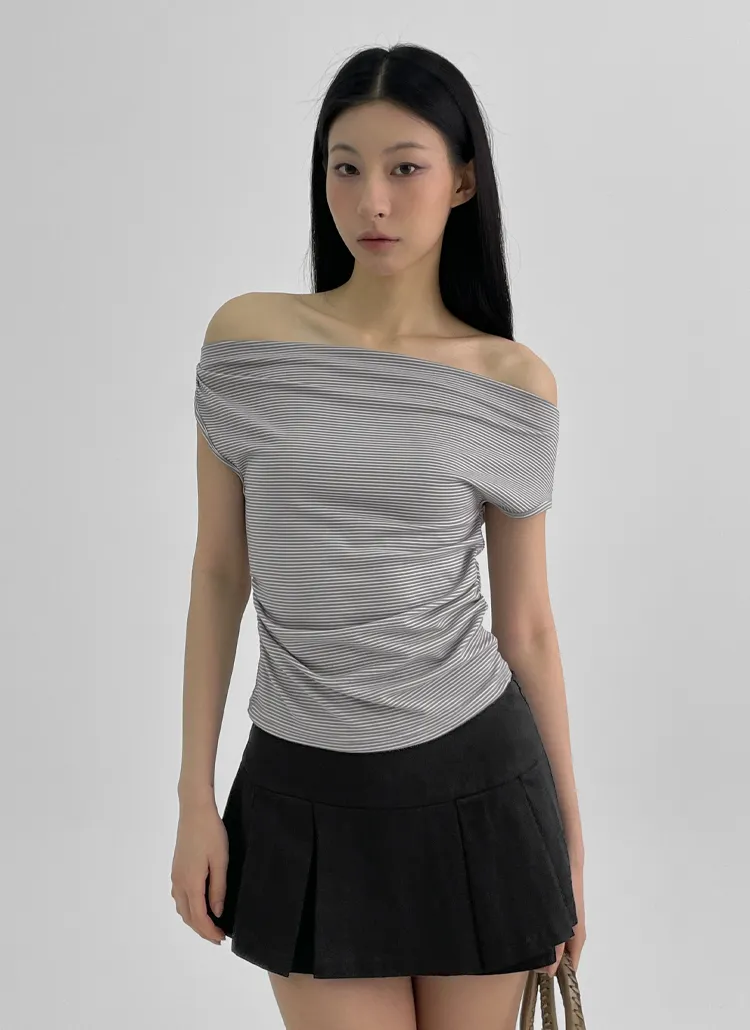 アンバランスネックオフショルダーボーダーTシャツノースリーブ | blackup | 詳細画像1