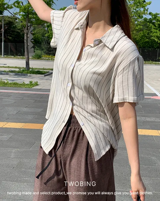 リネン混半袖ルーズストライプシャツ | twobing | 詳細画像1