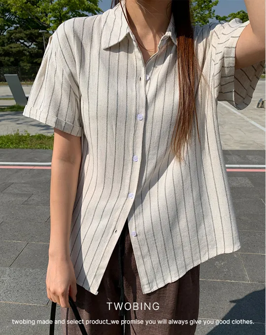 リネン混半袖ルーズストライプシャツ | twobing | 詳細画像3