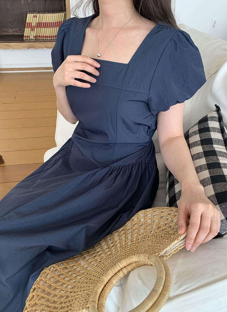 スクエアネックシャーリングロング無地ワンピース | レディース