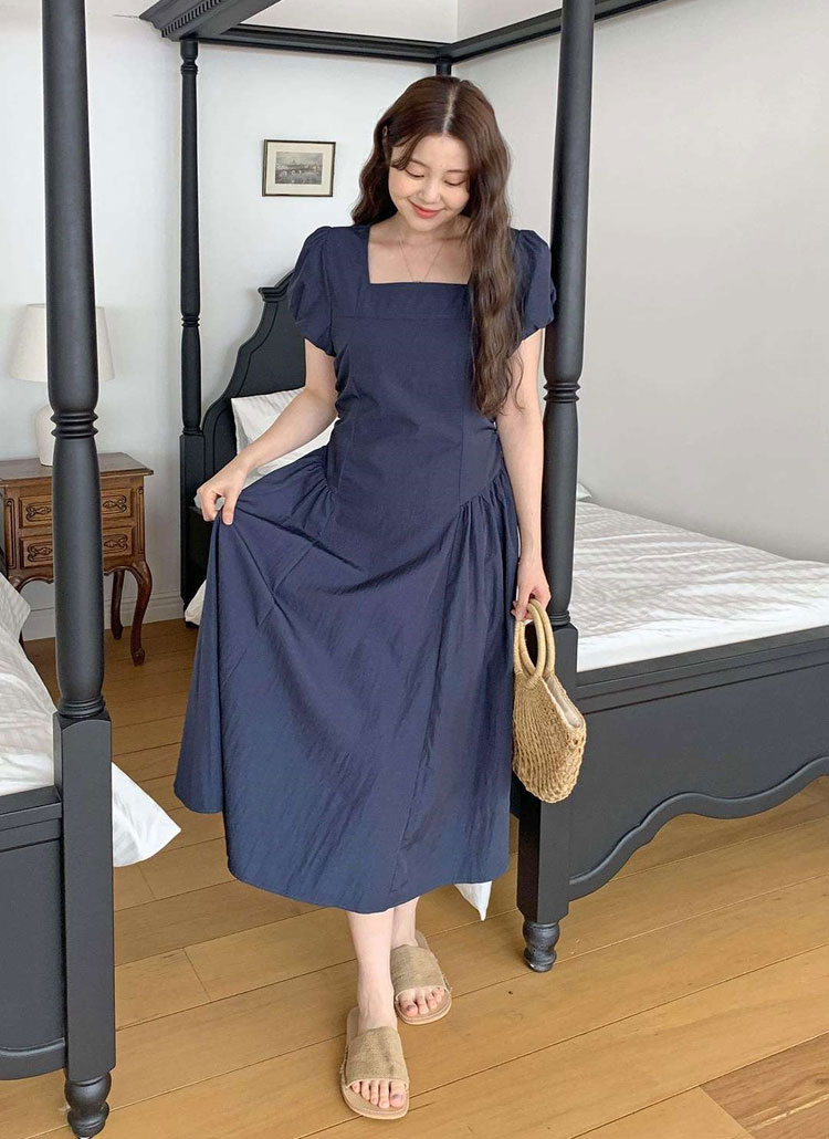 スクエアネックシャーリングロング無地ワンピース | レディース