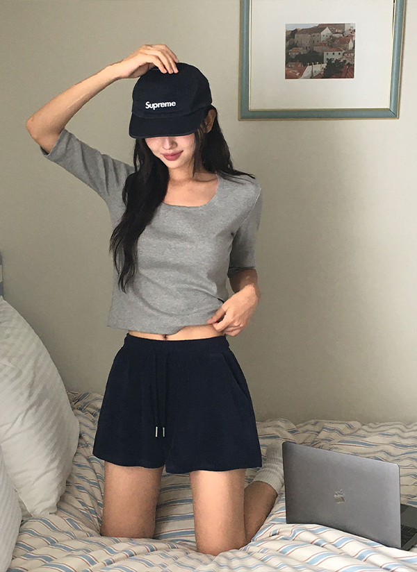 【THEAIRTOWN】Dリングローウエストショートパンツ♡ テリーウエストゴムドローストリングショートショートパンツ