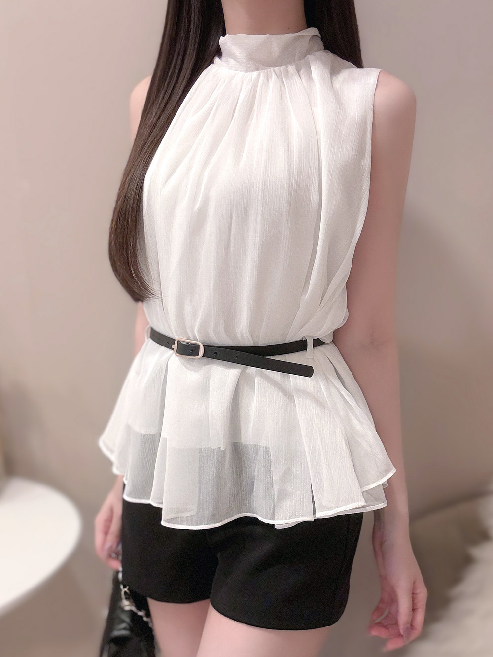 ベルト付きノースリーブシフォンブラウス | 詳細画像2