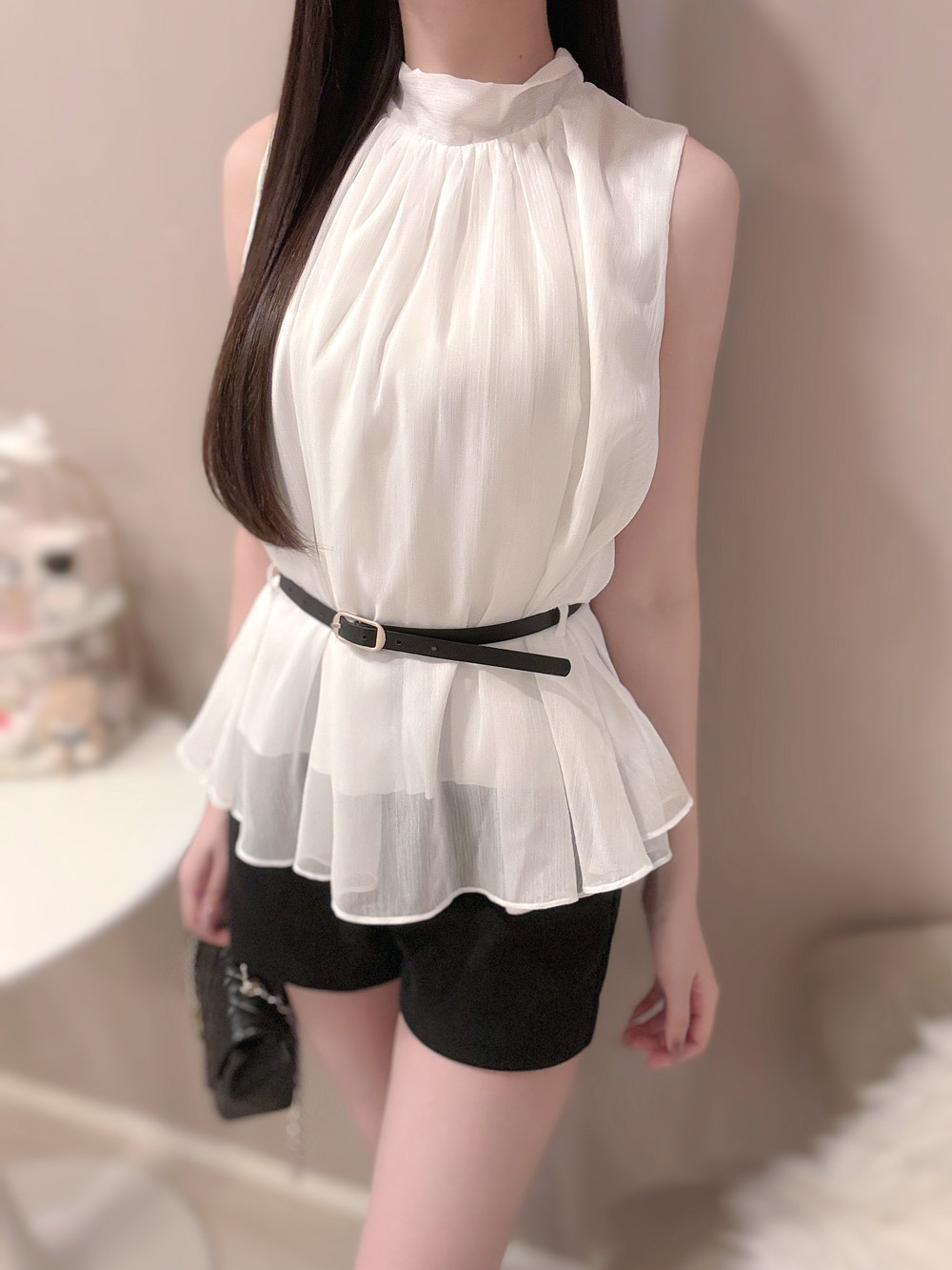 ベルト付きノースリーブシフォンブラウス | 詳細画像3