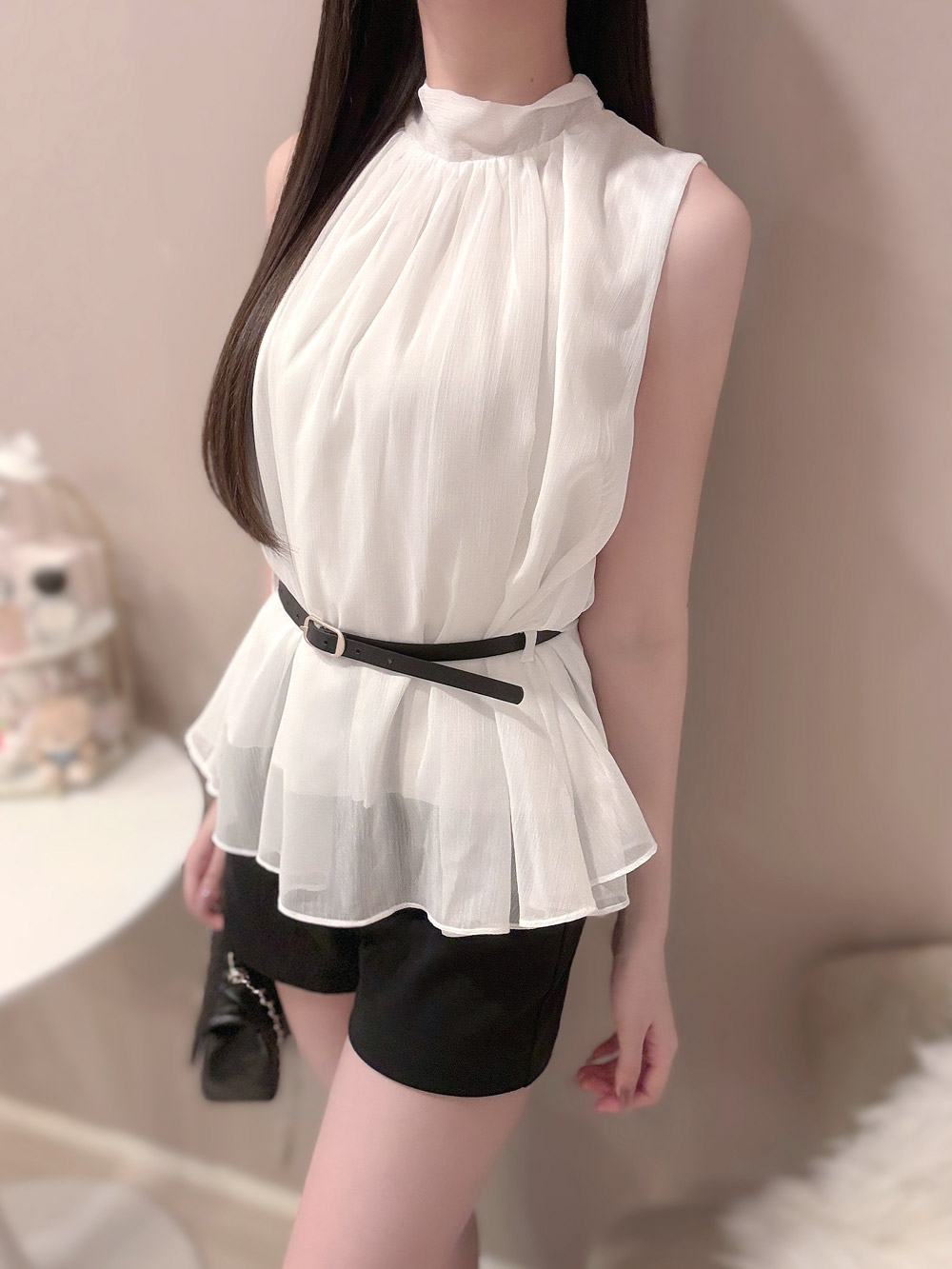 ベルト付きノースリーブシフォンブラウス | 詳細画像6