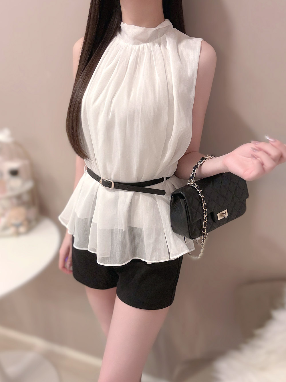 ベルト付きノースリーブシフォンブラウス | 詳細画像9