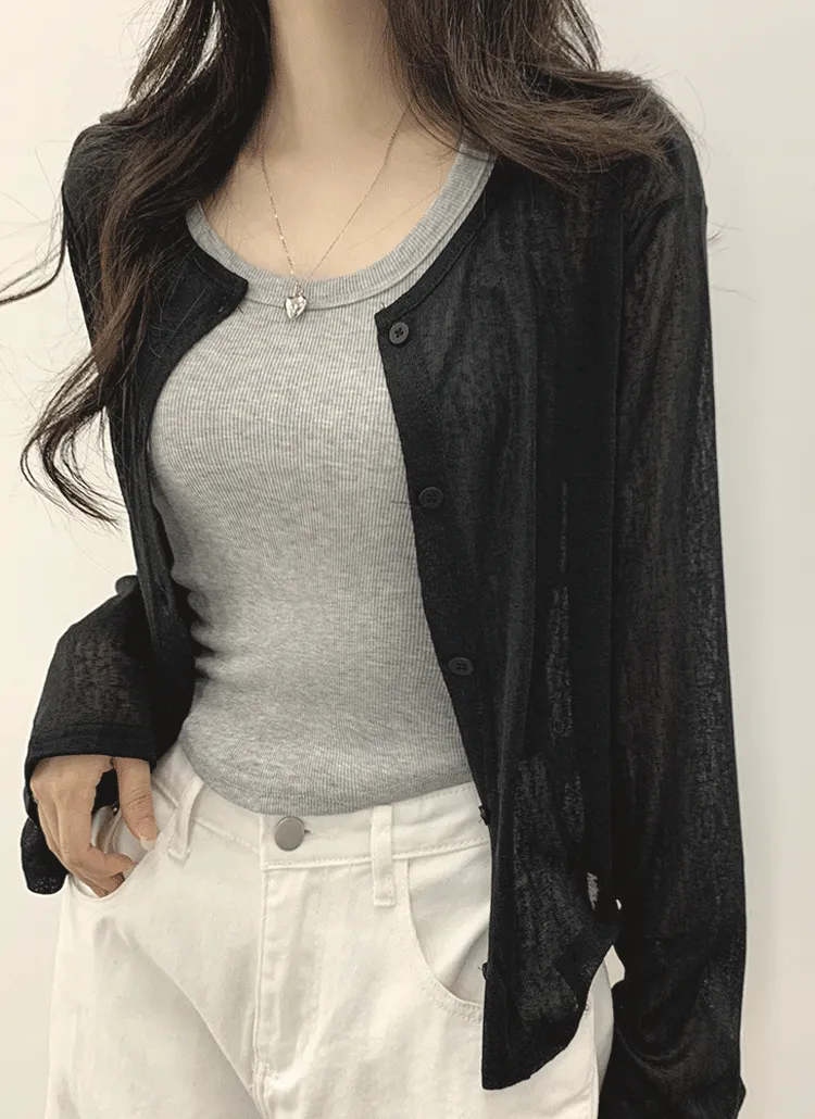 [選べる丈]シースルーベーシッククロップド無地カーディガン | withhuilin | 詳細画像1