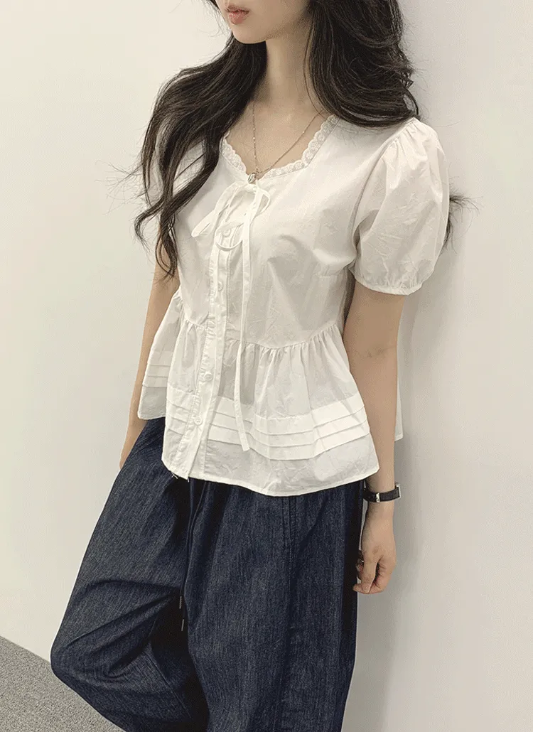 スクエアネック半袖レースブラウス | withhuilin | 詳細画像1