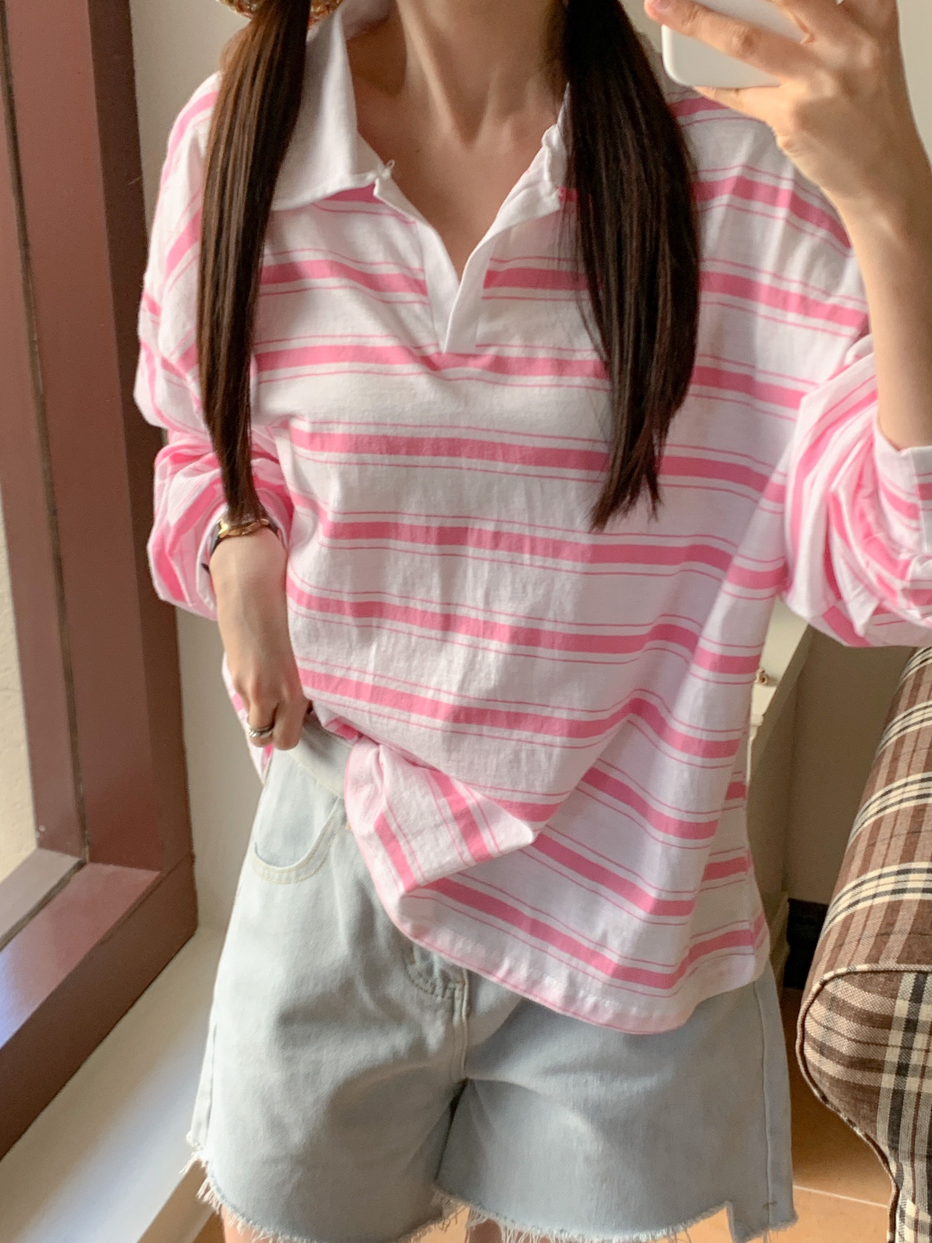 ルーズ長袖ボーダーTシャツポロカラーTシャツ | 詳細画像5