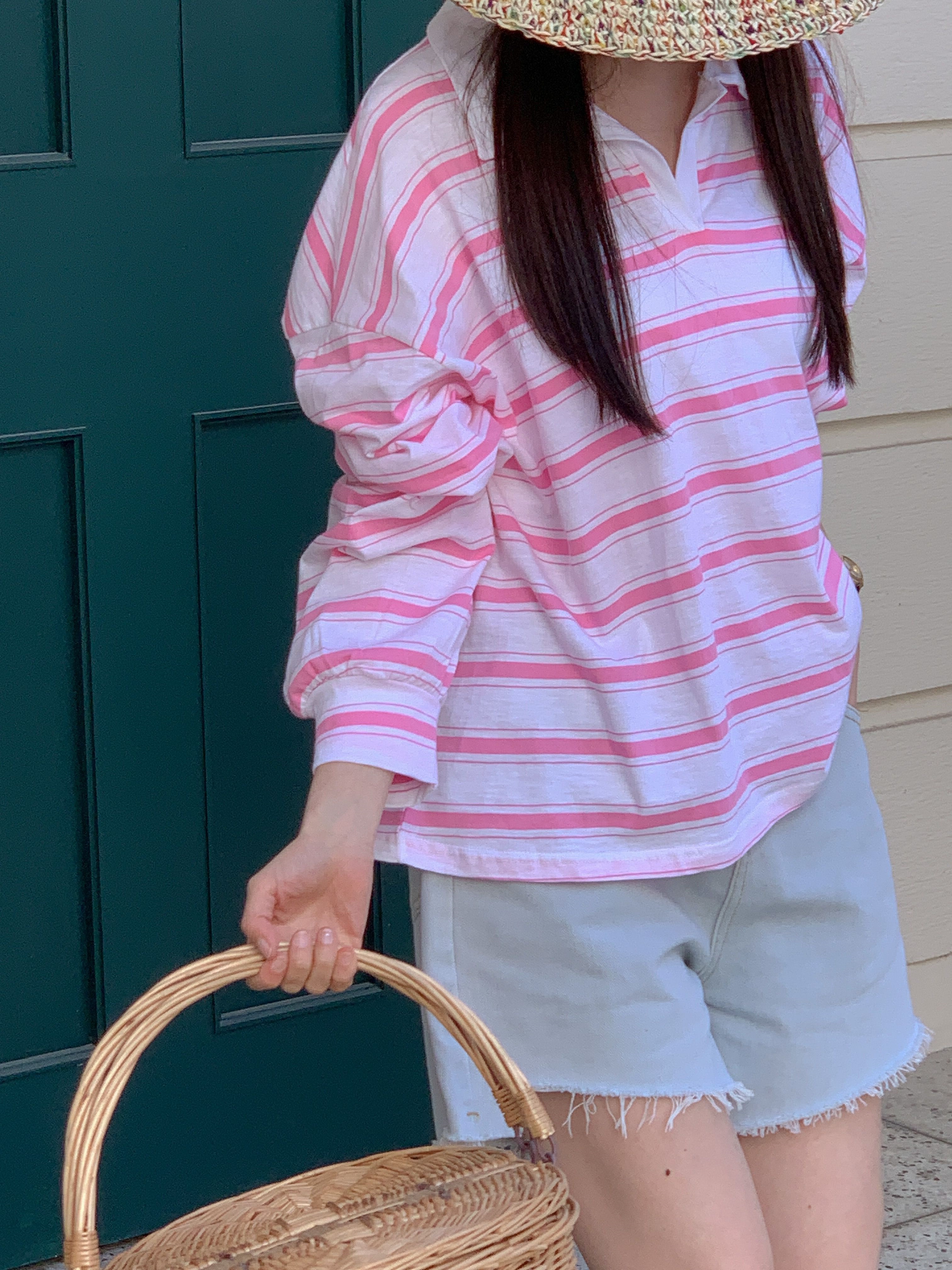 ルーズ長袖ボーダーTシャツポロカラーTシャツ | 詳細画像10