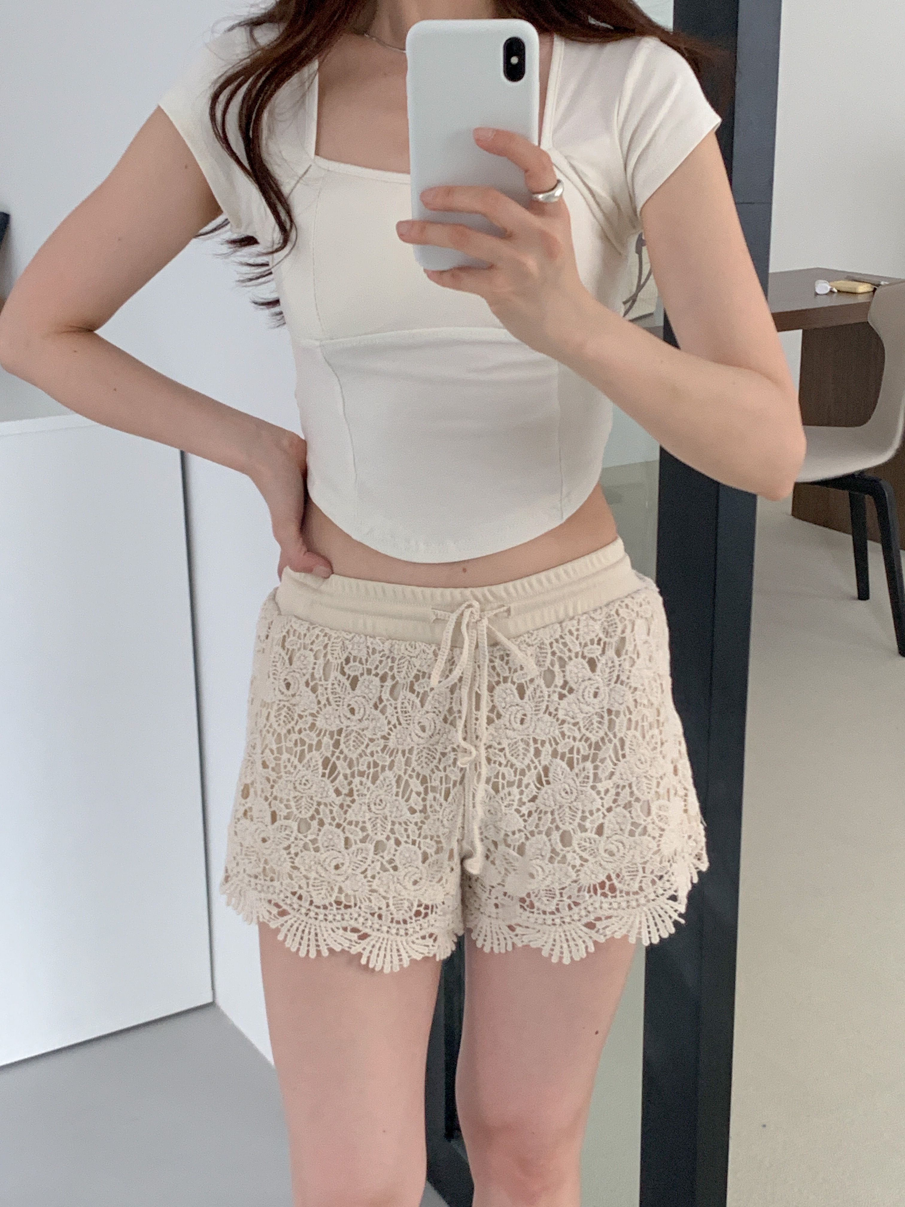 ニットドローストリングウエストゴムレース花柄ショートパンツ | 詳細画像2