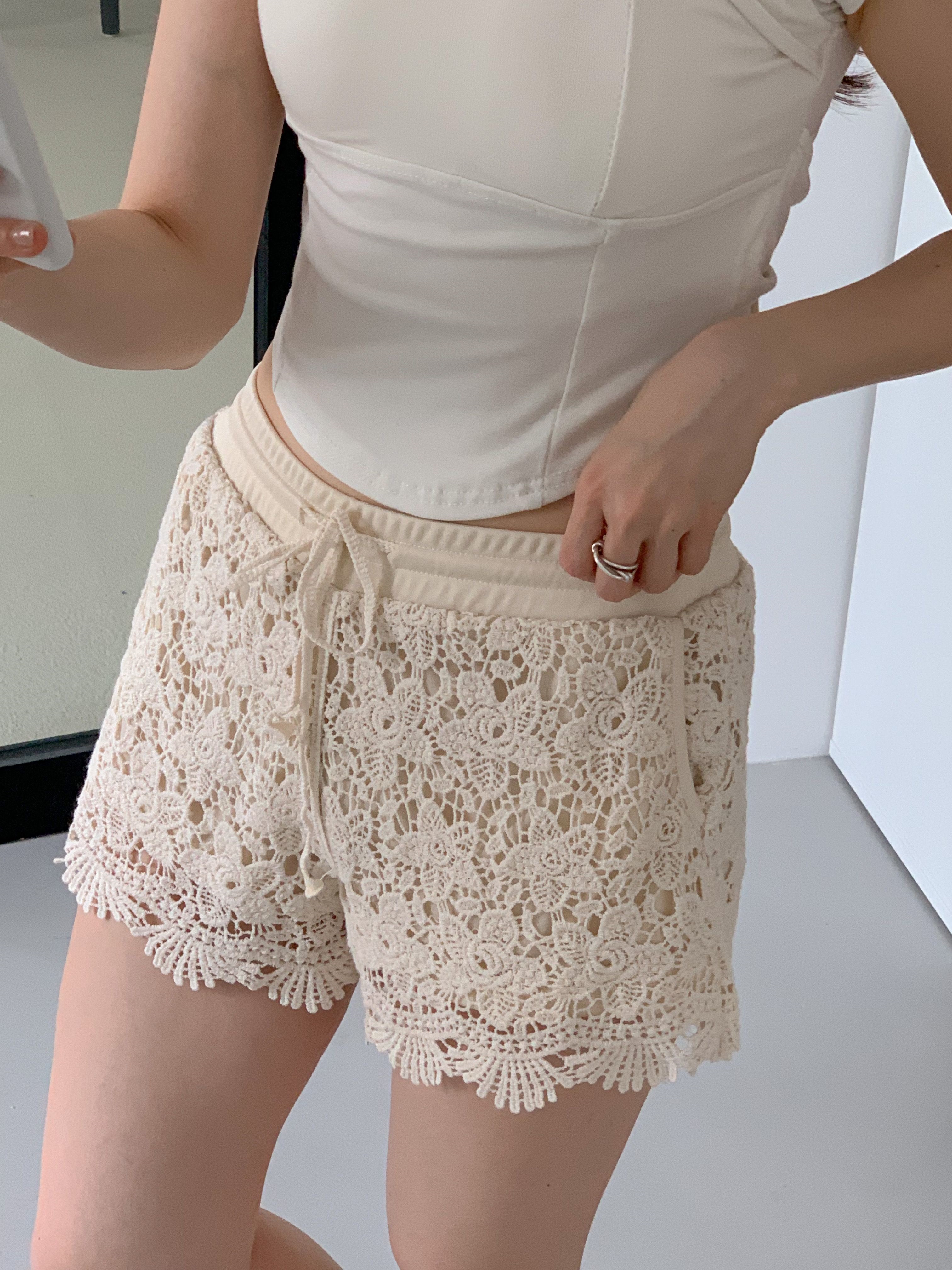 ニットドローストリングウエストゴムレース花柄ショートパンツ | 詳細画像11