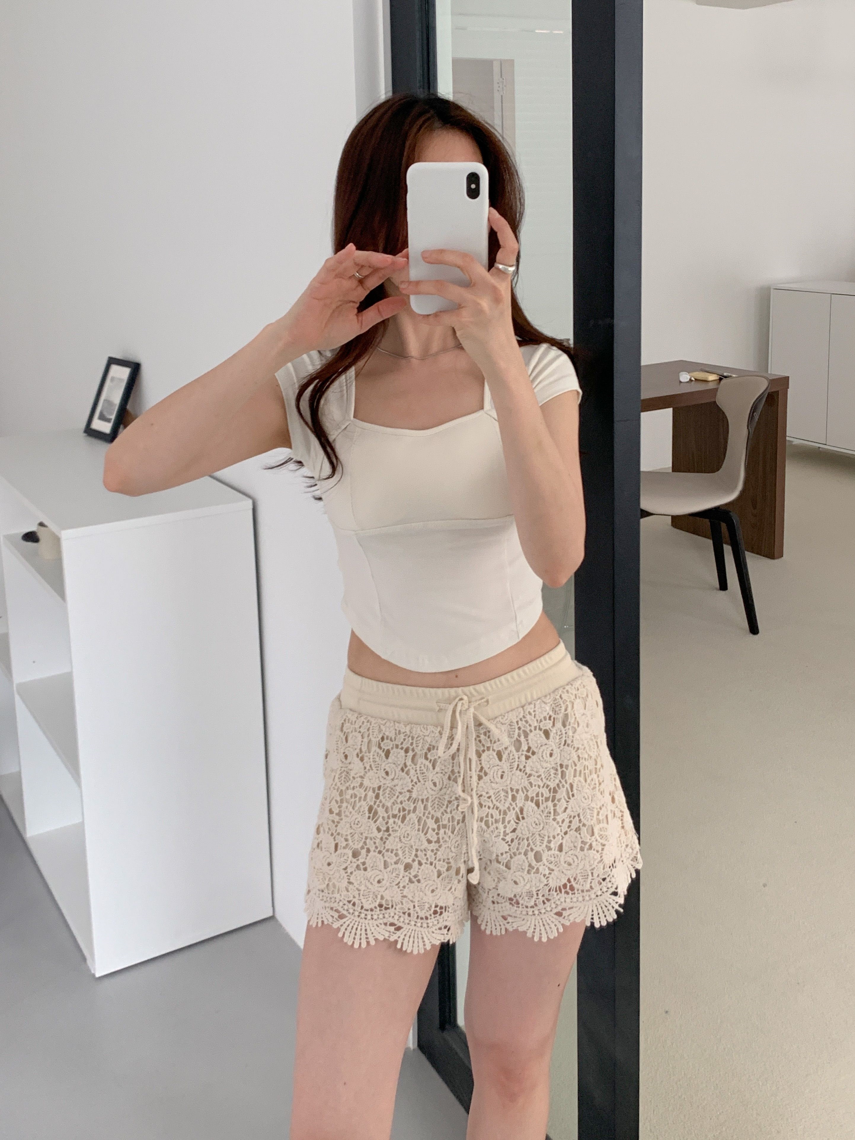 ニットドローストリングウエストゴムレース花柄ショートパンツ | 詳細画像15
