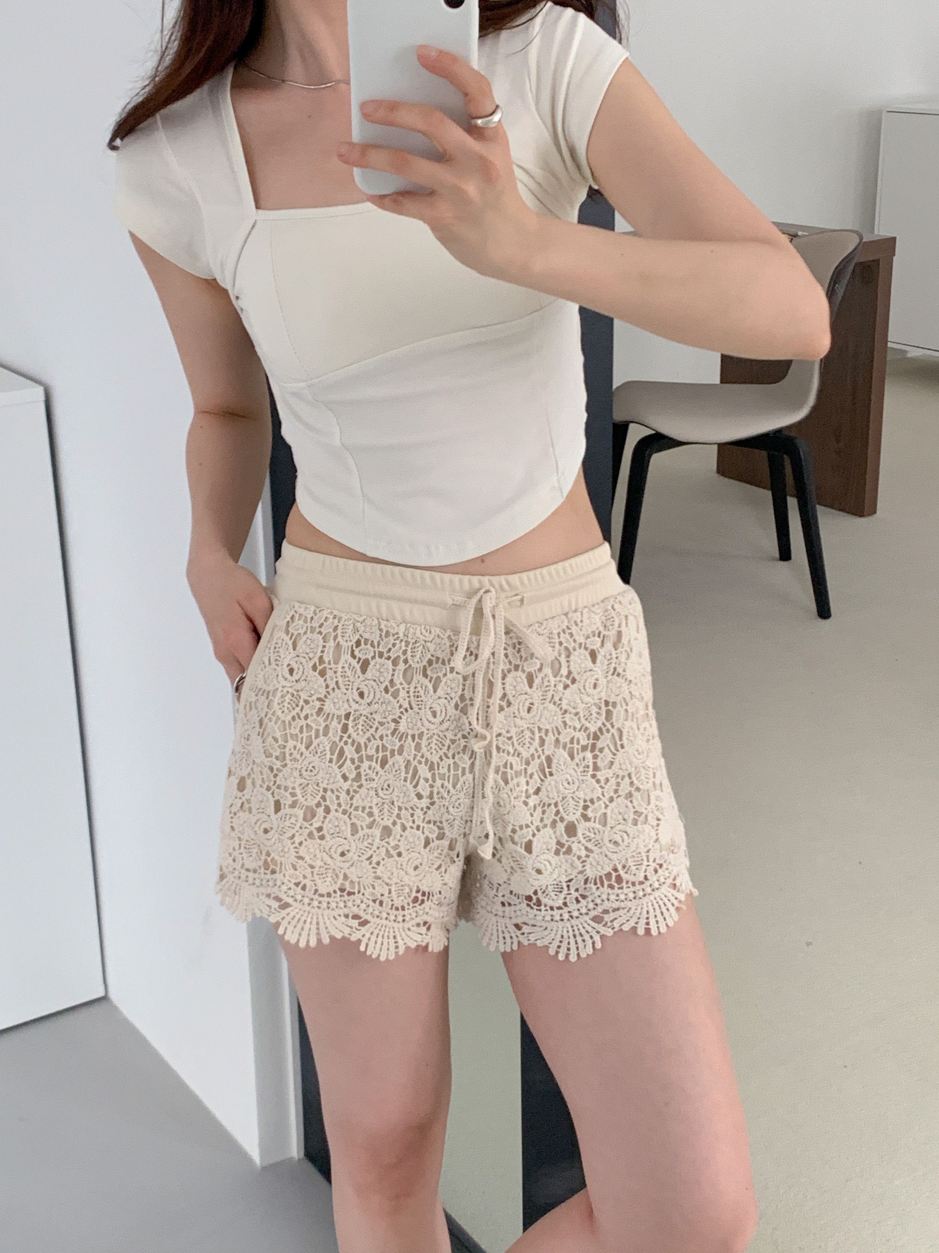 ニットドローストリングウエストゴムレース花柄ショートパンツ | 詳細画像18