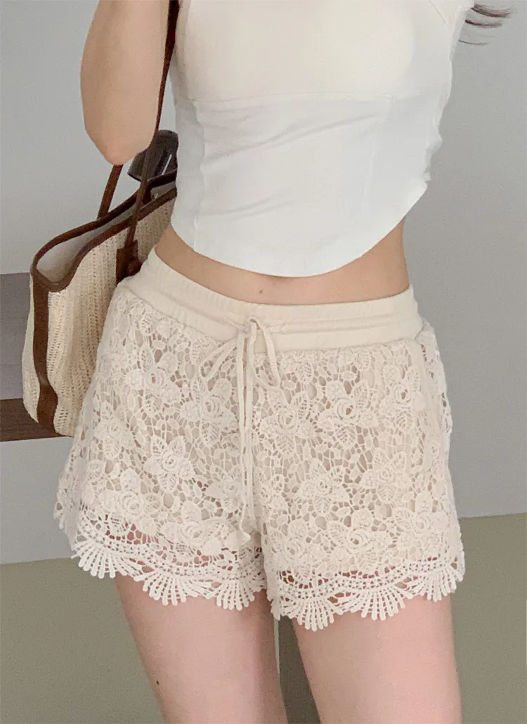 ニットドローストリングウエストゴムレース花柄ショートパンツ | 詳細画像1