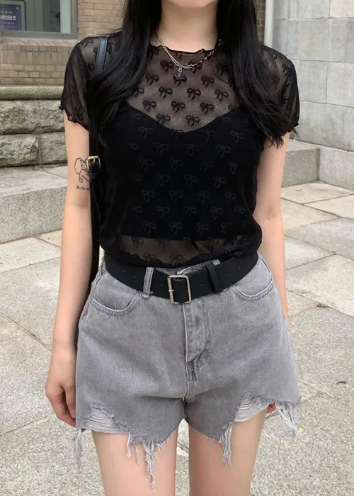 シースルークロップドリボン柄Tシャツ | blackpacker | 詳細画像1