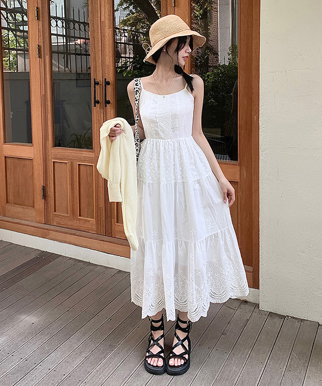 ロングティアードパンチング刺繍レースノースリワンピース