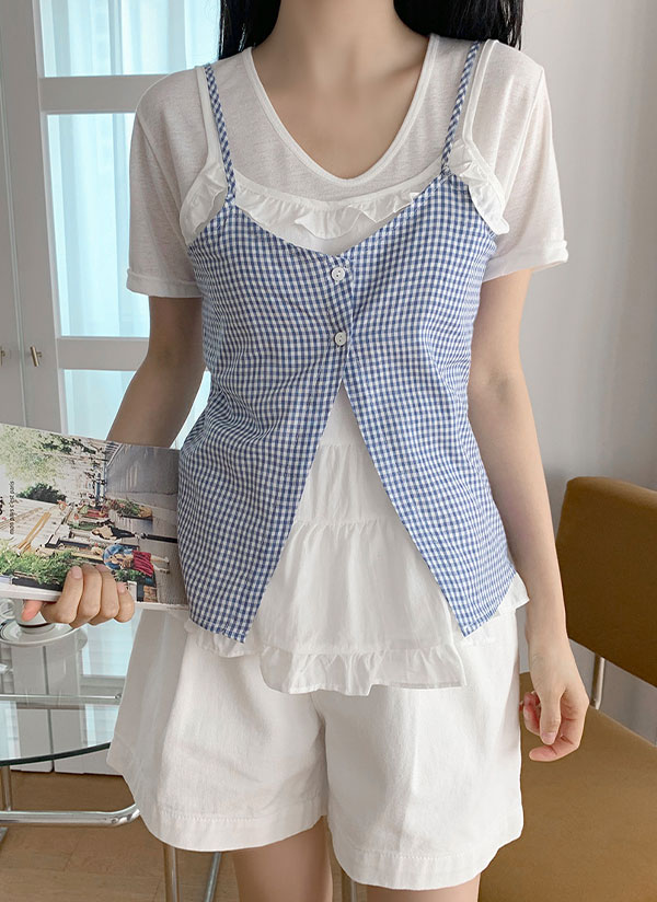 ボタンレイヤード風ギンガムチェックキャミソール | レディース