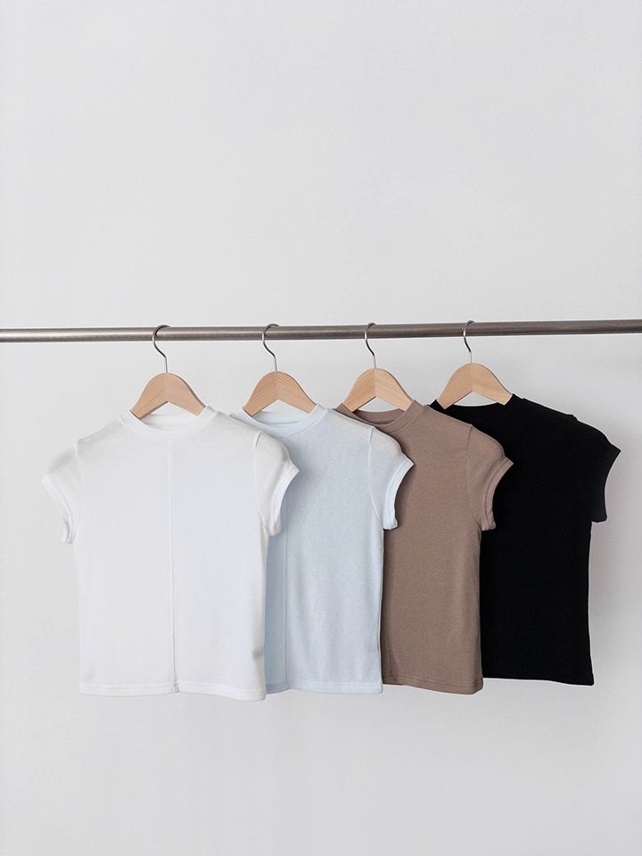 ハーフネックラインキャップスリーブスリムTシャツ | 詳細画像4