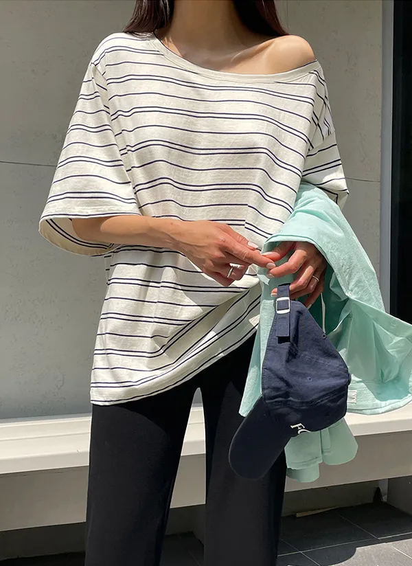 ワンショルダーオーバーサイズボーダーTシャツ | crushj | 詳細画像1