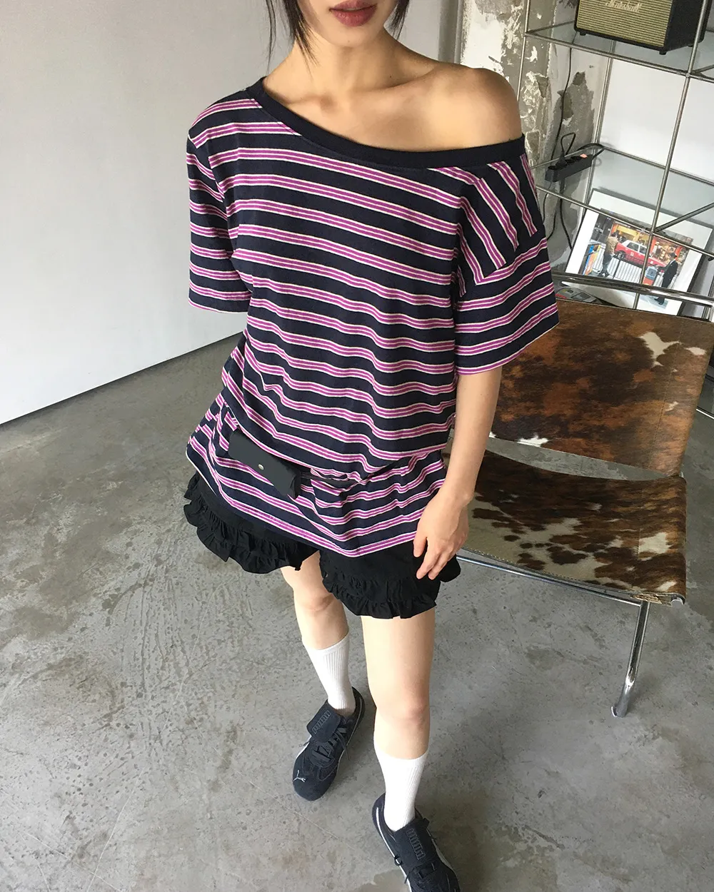 半袖オーバーサイズオフショルダーワンショルダーボーダーTシャツ | WONDERWONDER | 詳細画像1