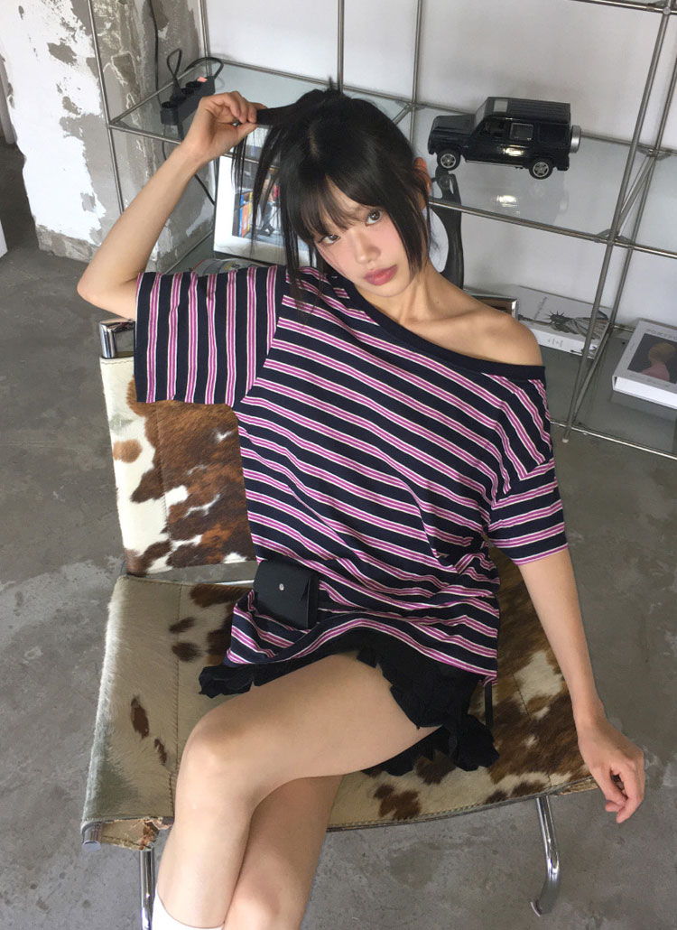 半袖オーバーサイズオフショルダーワンショルダーボーダーTシャツ