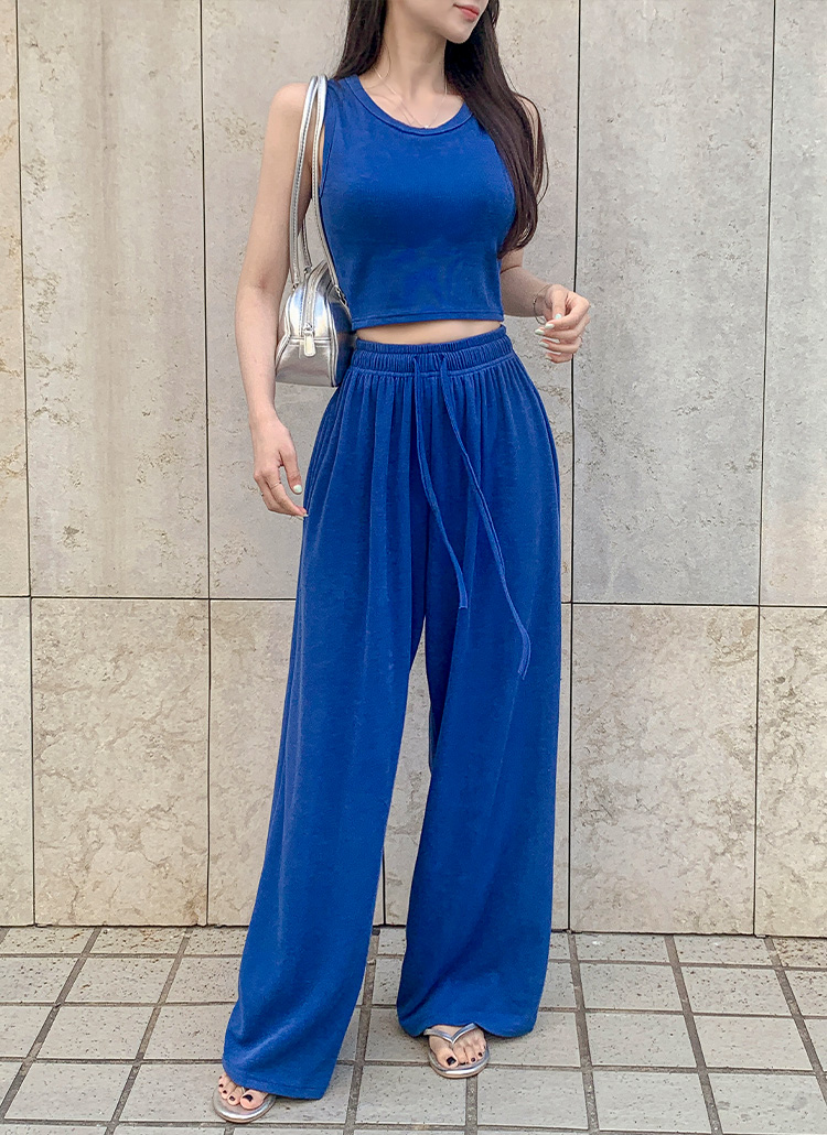 カップ付ストレッチウエストゴムスリムワイドセットアップパンツ