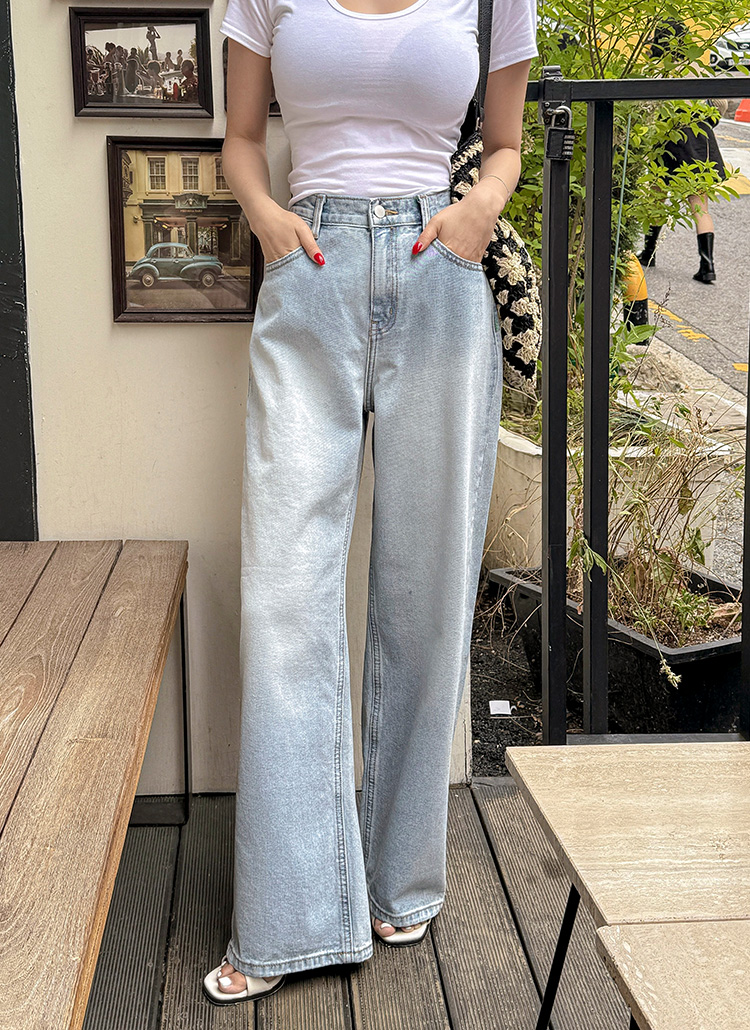 ハイウエスト淡いブルーデニムパンツ ハイウエストワイドストレートウォッシングライトブルーデニムパンツ