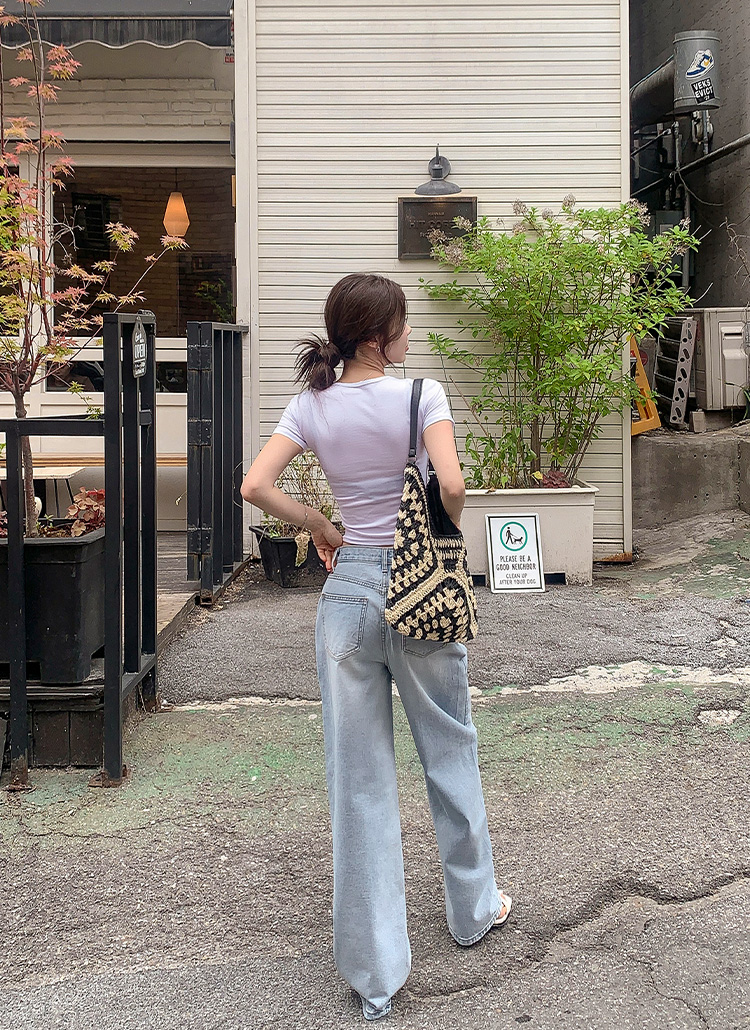 ハイウエストワイドストレートウォッシングライトブルーデニムパンツ
