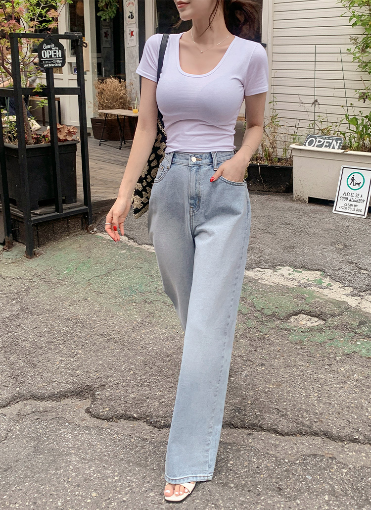 ハイウエストワイドストレートウォッシングライトブルーデニムパンツ