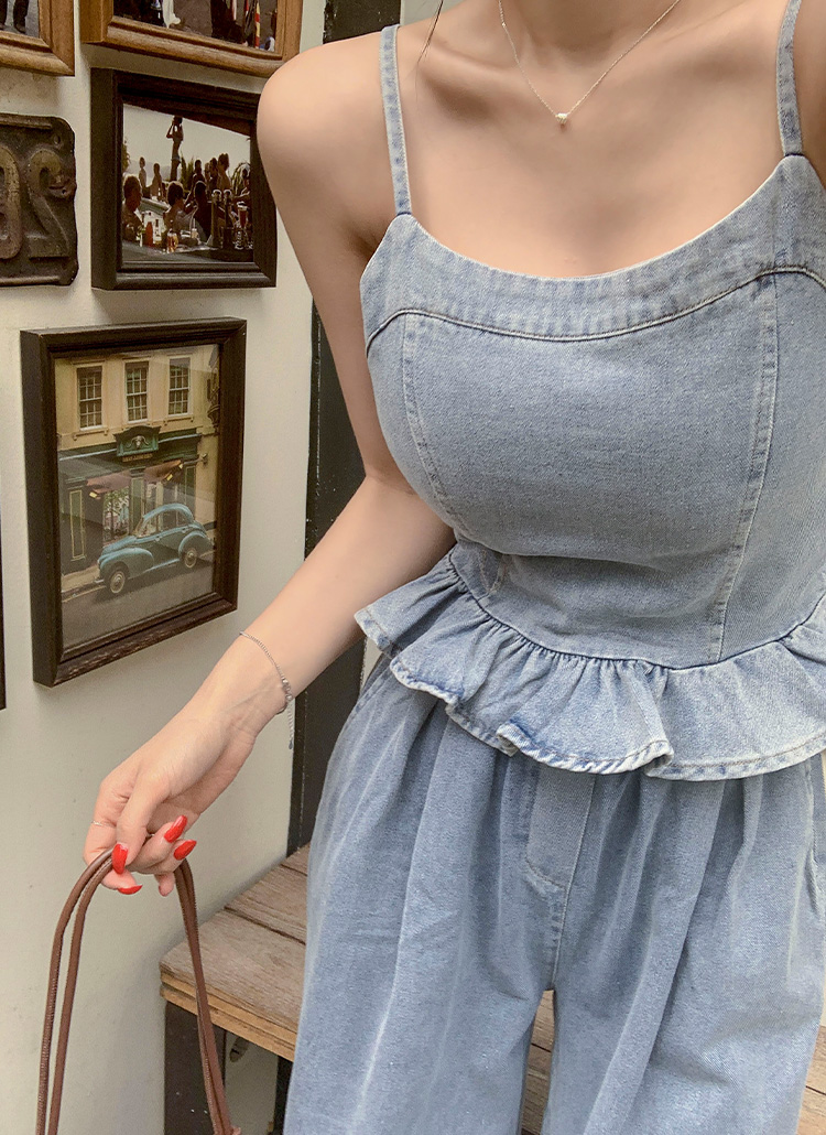 デニムウエストゴムペプラムワイドシャーリングフリル