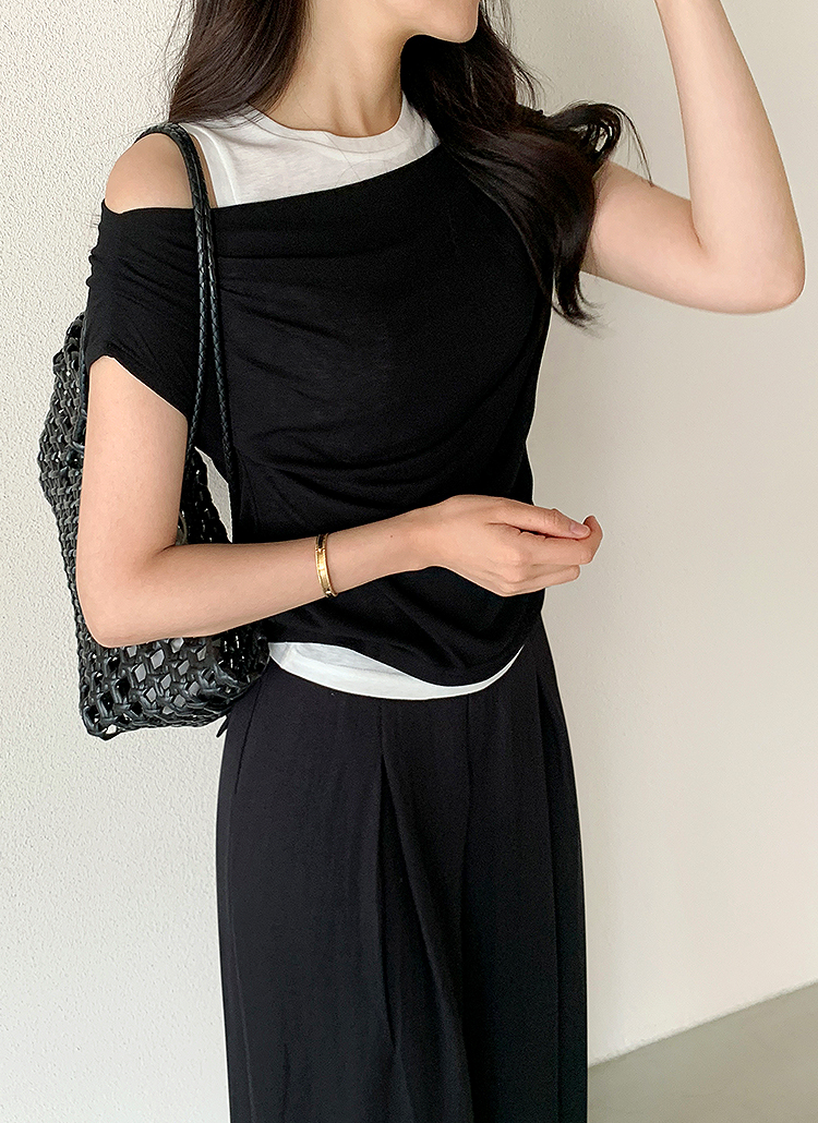 レザー 異素材ミックス Tシャツ 半袖 モード ストリート cr9249 レイヤード風半袖ギャザーTシャツ | レディースファッション通販