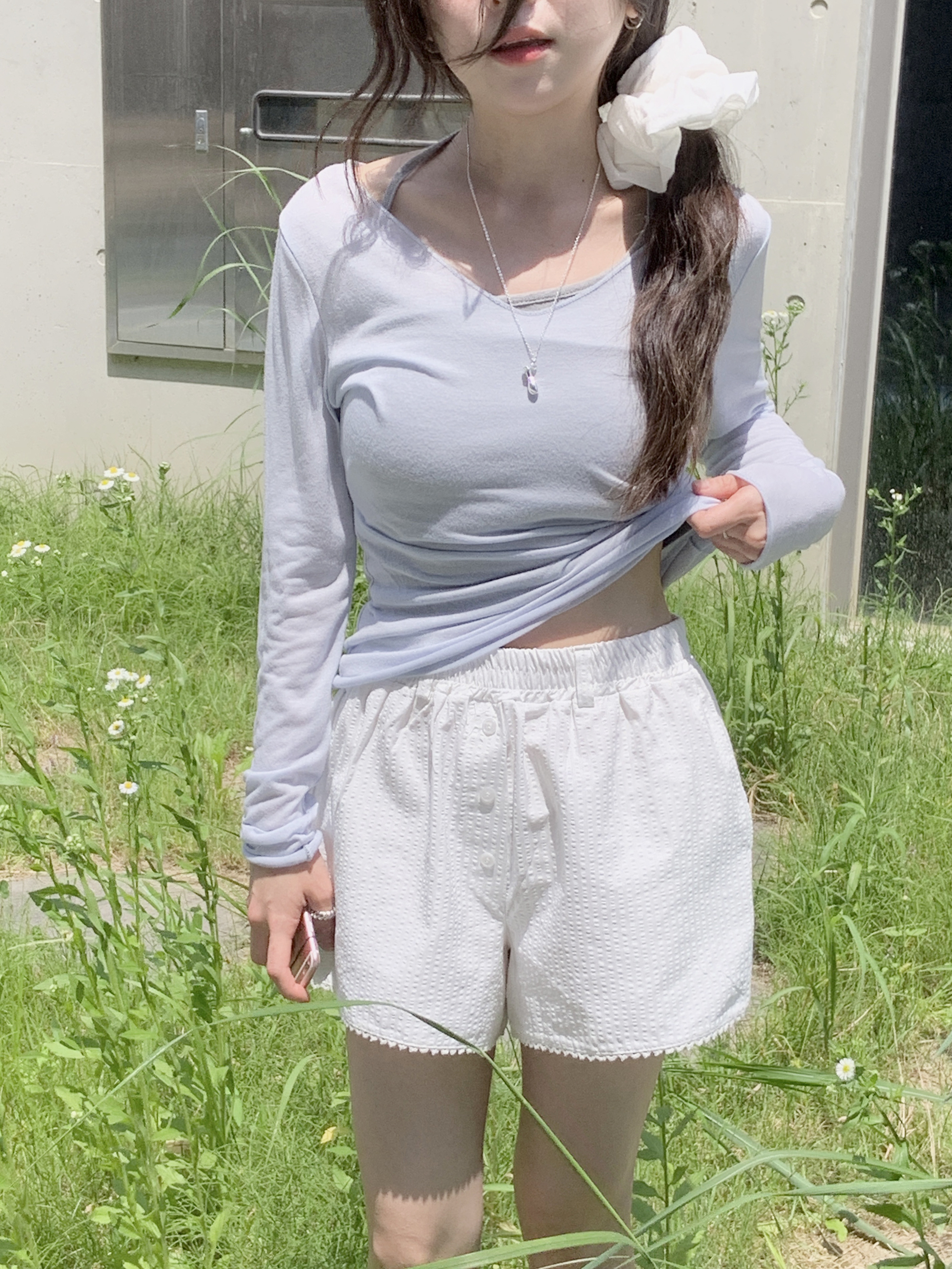 Vネックオフショルダースリム長袖夏Tシャツ | レディースファッション