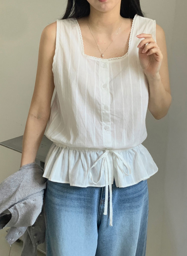 コットンスクエアネックドローストリングフリルレースノースリブラウス
