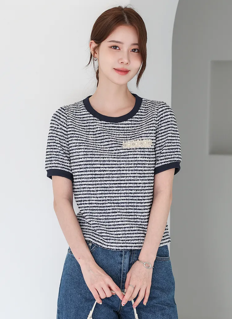 ツイードラウンドネック配色Tシャツ | Auberie | 詳細画像1