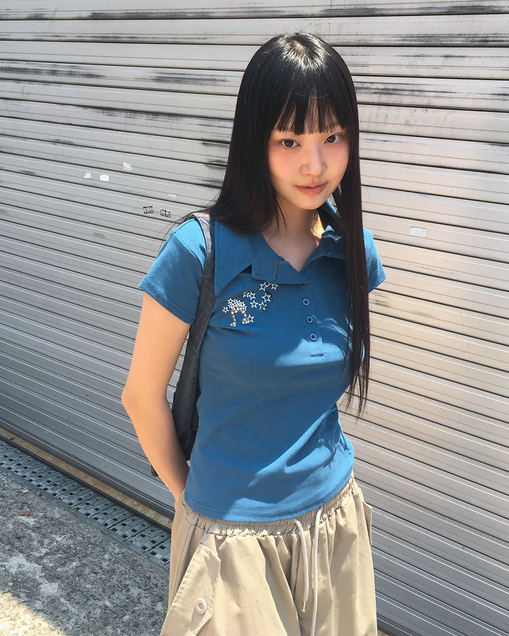スリム半袖星柄ロゴTシャツポロカラーTシャツ | WONDERWONDER | 詳細画像1
