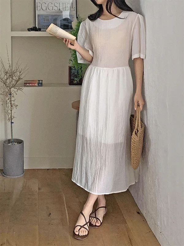 シフォンシースルーロング半袖フレアバックストラップワンピース | lindashop | 詳細画像1