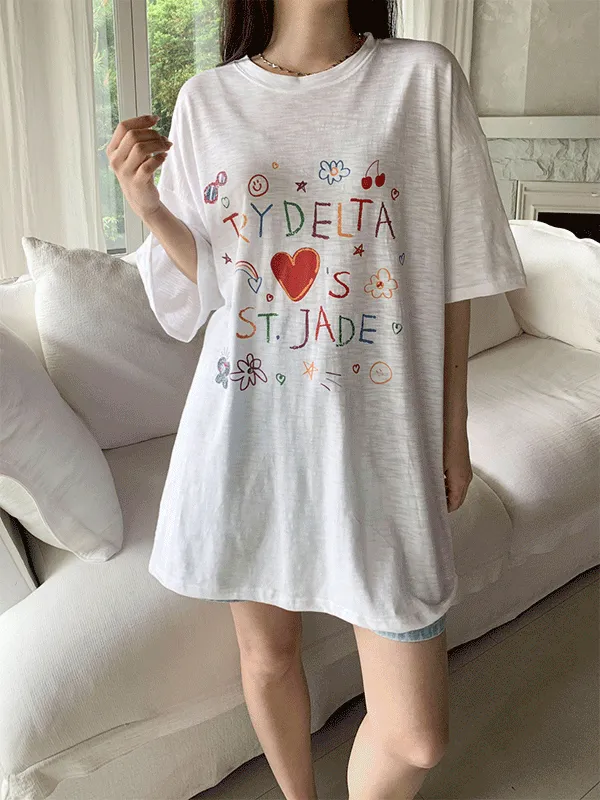 ラウンドネックボクシーロング半袖プリントTシャツ | lindashop | 詳細画像1