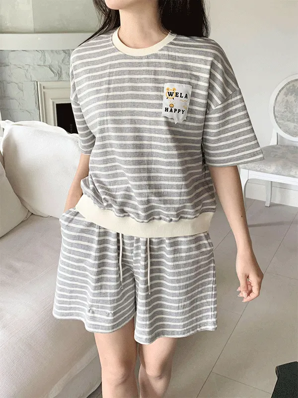 ラウンドネックパッチウエストゴム半袖ボーダーセットアップTシャツトレーニングショートパンツ | lindashop | 詳細画像1