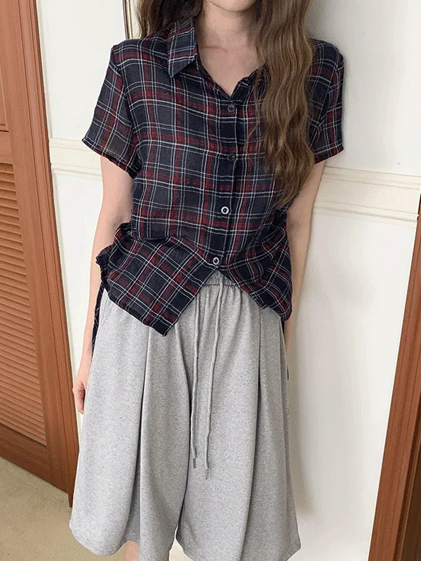 シャーリングクロップドスリム半袖チェックシャツ | lindashop | 詳細画像1