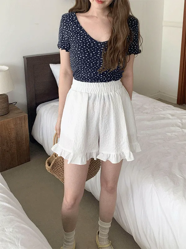 フリルウエストゴム花柄ショートパンツ | lindashop | 詳細画像1