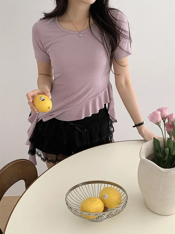 ストレッチラウンドネックフリルスリムアンバランス半袖Tシャツ | lindashop | 詳細画像1