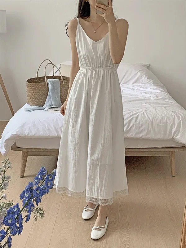 ストラップウエストゴムロングフレアレースキャミワンピース | lindashop | 詳細画像1