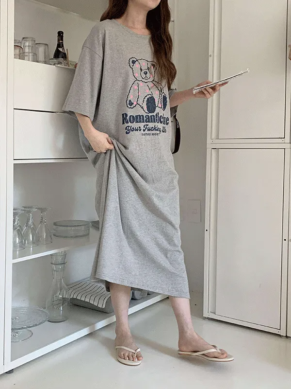 コットンラウンドネックロング半袖ロゴワンピース | lindashop | 詳細画像1