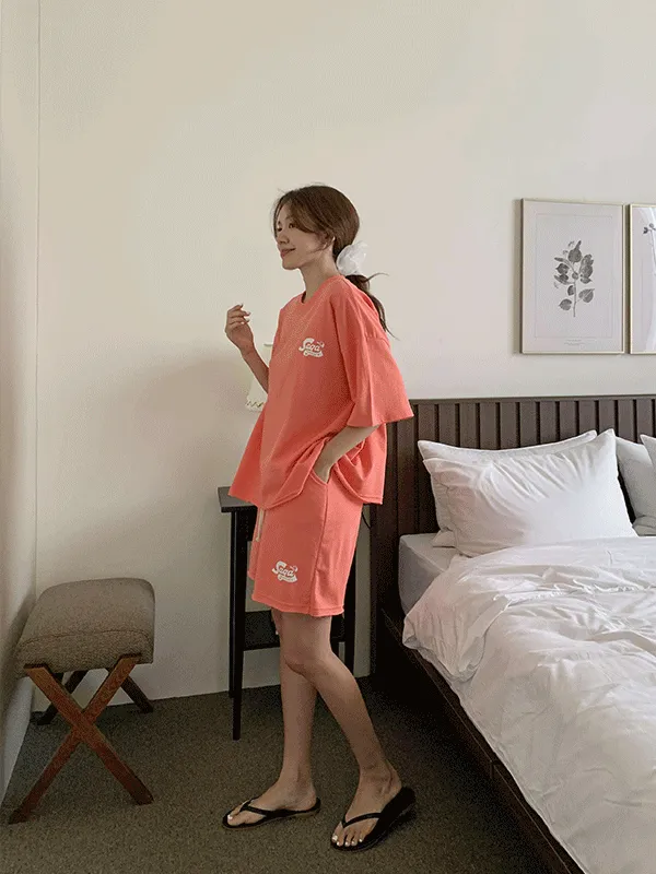 ラウンドネックドローストリングウエストゴムオーバーサイズ半袖ロゴセットアップTシャツトレーニングショートパンツ | lindashop | 詳細画像1