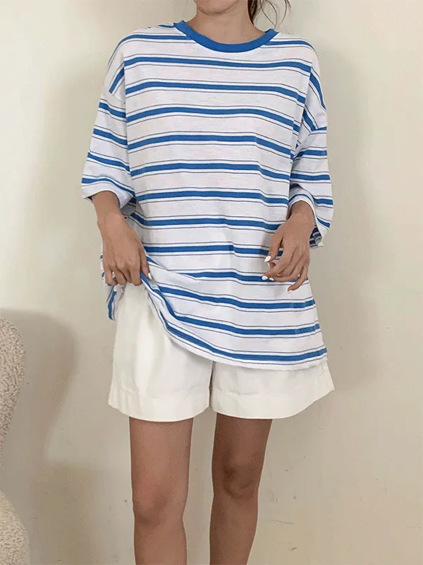 ラウンドネックオーバーサイズボクシー半袖ボーダーTシャツ | lindashop | 詳細画像1